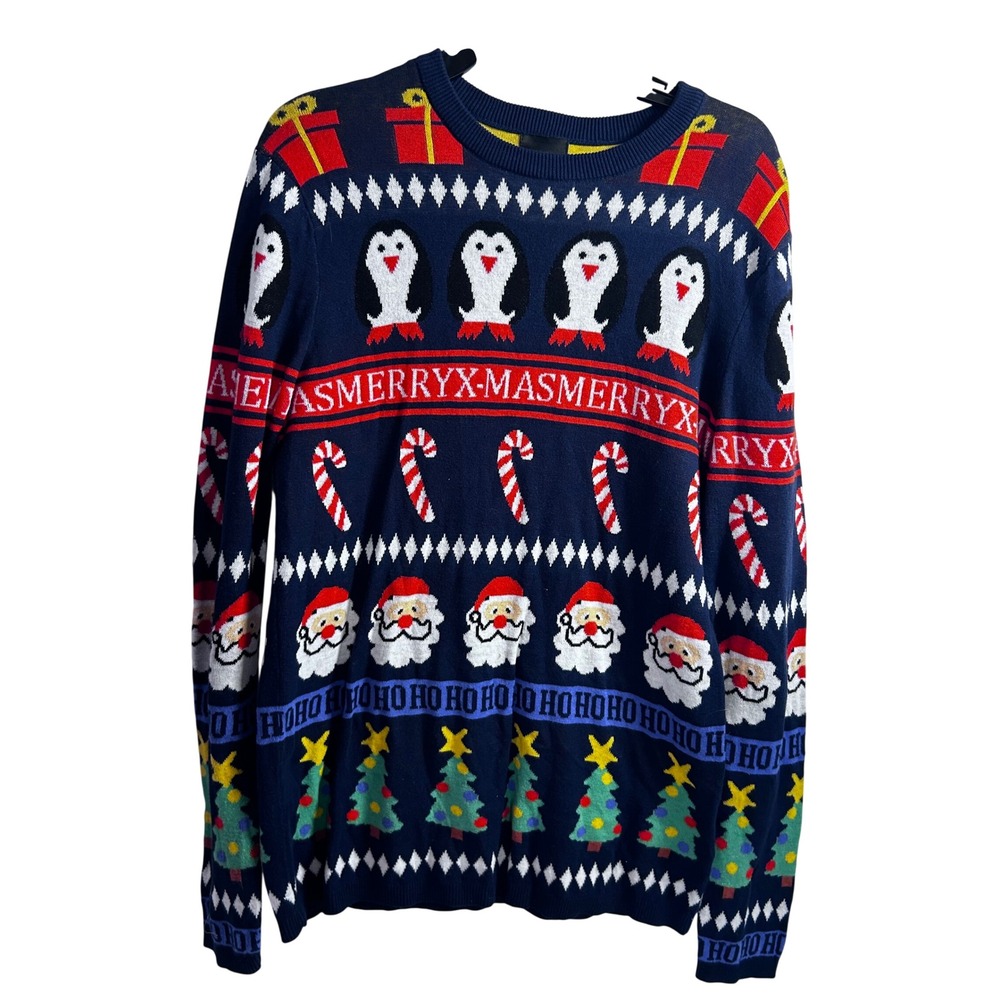 H&M Christmas Sweater Mens Small Blue Santa Penguin Candy Cane Holiday Pullover